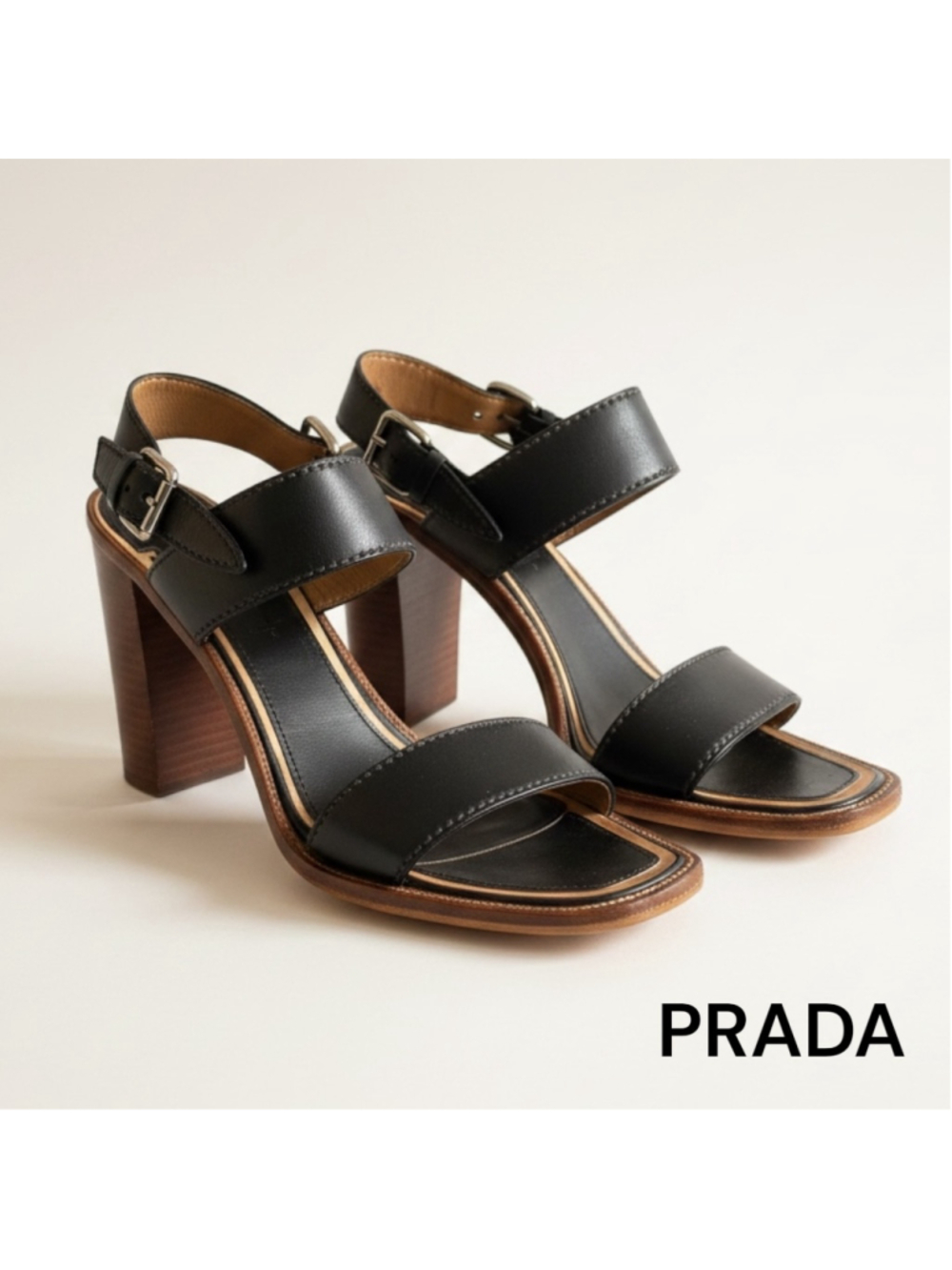 Women's Prada Black Leather Block Heel Sandals Shoes Size 9